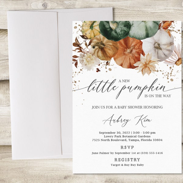 A New Little Pumpkin on the Way Shower Invitation, Autumn Fall Floral Baby Sprinkle, Couples Rustic Gender Neutral Invite, October, November
