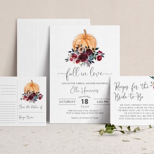 Fall in Love Autumn Bridal Shower Invitation with Insert Card and Recipe Card, Recipes for Bride to Be, Fall Pumpkin Floral Kitchen Invite