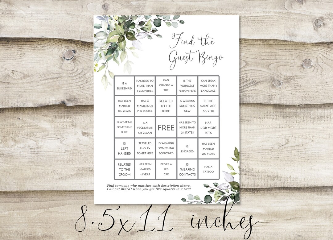 Printed Find the Guest Bingo Card, Bingo Game for Bridal or Wedding ...