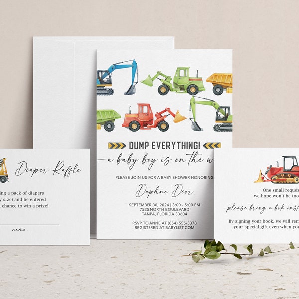 Dump Everything! A Baby Boy is on the Way, Baby Shower Invitation with Book instead of Card & Diaper Raffle Inserts, Couples Co-Ed Invite