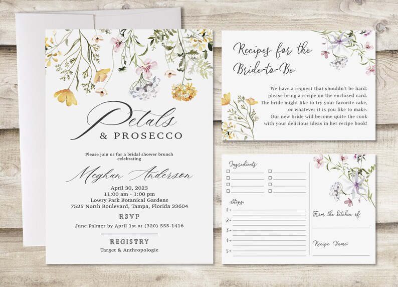 Petals & Prosecco Bridal Shower Invitation with Recipe Card and Insert Card, Greenery Floral Wedding Shower Invite, Botanical Garden Kitchen imagen 5