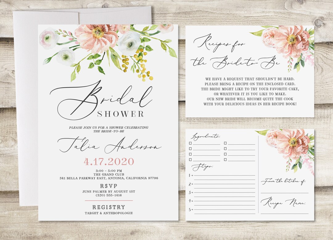 Bridal Shower Invitation With Recipe Instruction Insert Card & Etsy
