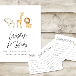 Printed Wishes for Baby Sign with 3.5x5 inch Cards, Baby Shower Game for Mommy-to-be, Safari Animals Sign for New Parents at Baby Sprinkle