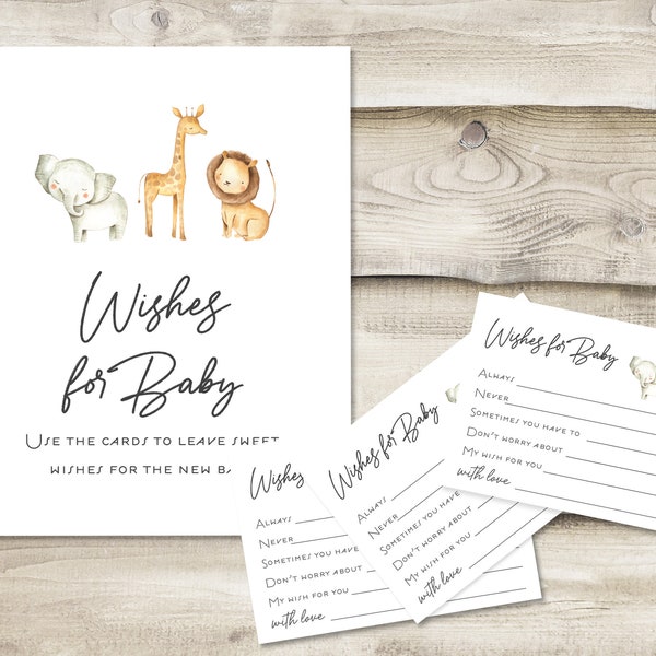 Printed Wishes for Baby Sign with 3.5x5 inch Cards, Baby Shower Game for Mommy-to-be, Safari Animals Sign for New Parents at Baby Sprinkle