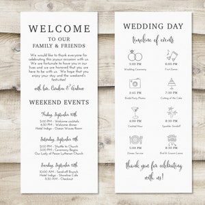 Flat 4x9.25 inch Welcome Card with Thank You Message, Weekend Events and Wedding Timeline, Order of Events for Wedding Weekend, Destination