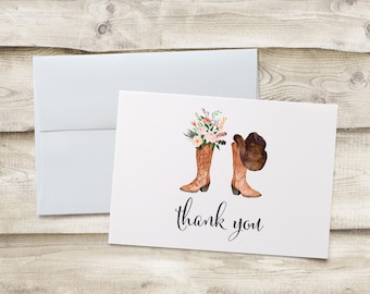 Western Floral Thank You Cards, Cowboy Cowgirl Boot Bridal Shower Note Cards, Baby Shower Sprinkle Folded Notecards, Personal Stationery