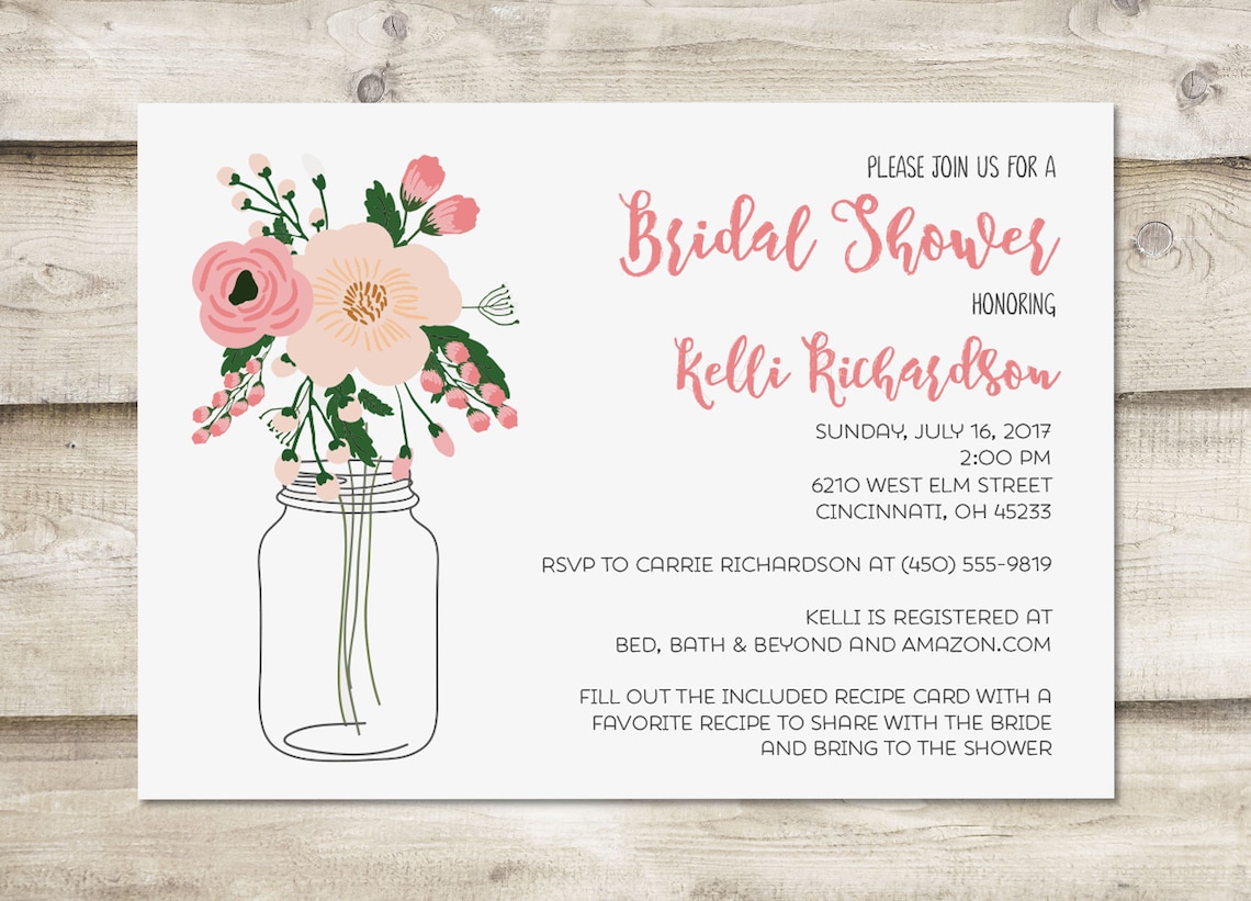 Bridal Shower Recipe Card Invitation Blush Flowers with Mason Etsy