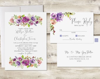 Watercolor Wedding Invitation & RSVP Postcard, Lavender Wedding Invitation, Watercolor Wedding Invite, Customized Purple Wedding Invite