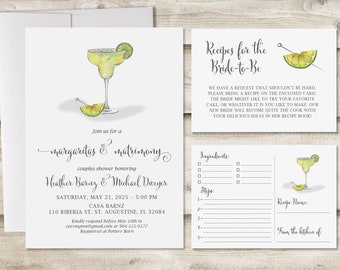 Margaritas and Matrimony Bridal Shower Invitation with Insert Card and Recipe Card, Recipes for the Bride, Tequila Cocktail, Kitchen Shower