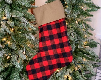 Red Buffalo Check Christmas Stocking | Rustic Plaid Stocking Fully Lined