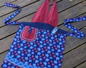 Women's Halter Apron, Red, Blue, Navy, Petite, Reversible, Floral, The Katie