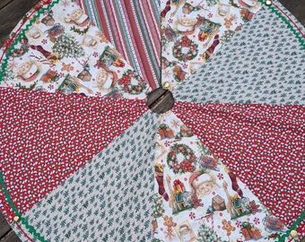 Patchwork Tree Skirt, Red, Green, Tan, Gold Buttons, Santa, Snowmen, Christmas Trees, Lined, One of a Kind