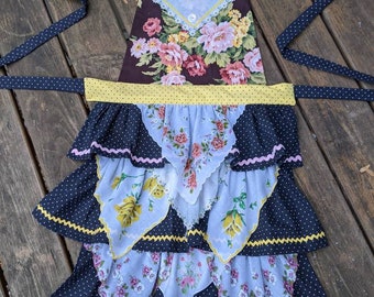 Fancy Upcycled Apron, Vintage Handkerchiefs, Black, Pink, Yellow Floral, Three Tiers, One of a Kind, The Vintage Betty