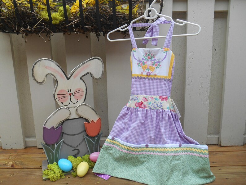 Child's Easter Apron, Size 7-8 Years, Lavender Gingham, Upcycled Easter Napkin, Cobbler Pockets, Reversible, The Vintage Tina image 1