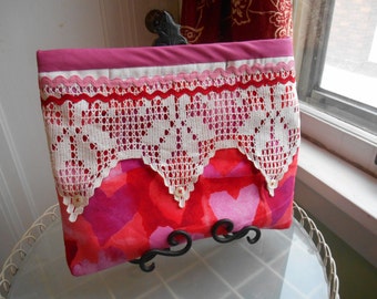 Upcycled Accessory Bag, Vintage Crochet Lace, Lined, Padded, 12 x 10", Hearts, Pink, Red, Cream, One of a Kind