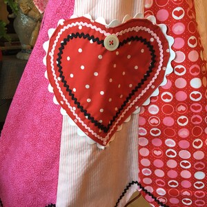 Women's Valentine Apron, Pink, Red, White, Black, Scalloped Hem, Heart Pocket and Bodice, Reversible, The Julie image 6