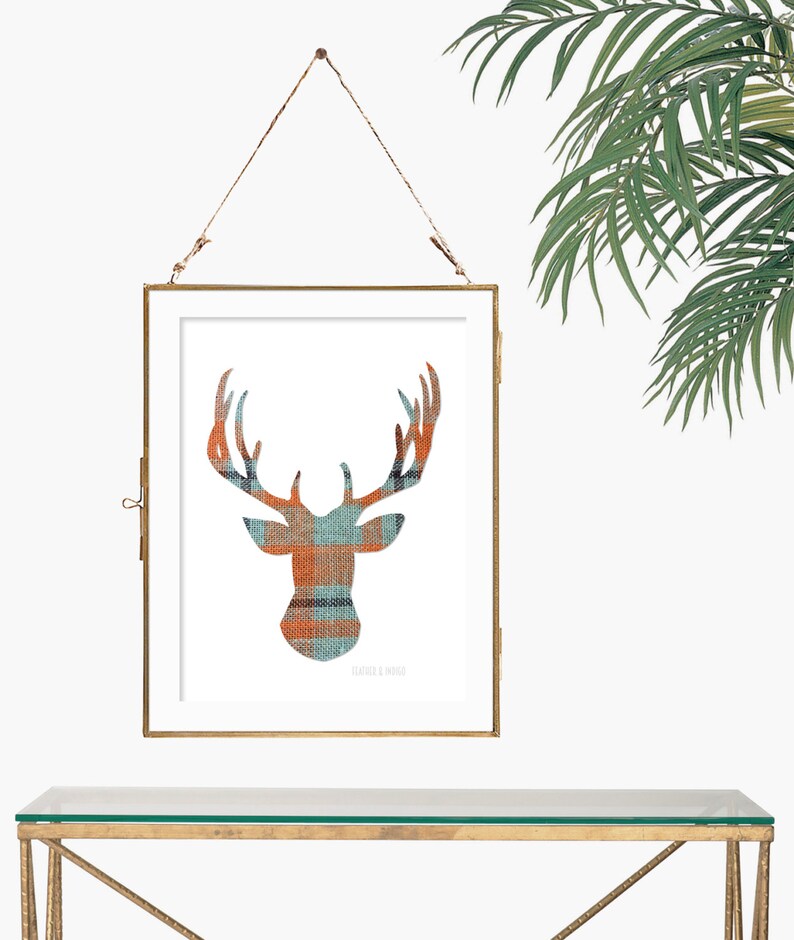 Hipster wall art man cave decor orange teal art deer head Etsy