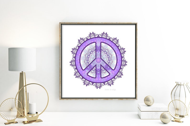 Gypsy Boho Wall Decor Peace Sign Poster Bright Purple Lavender Room Decor Light Blue Mandala Artwork Hippie Yoga Print 11x14 Art Bedroom