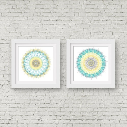 Pair of Flower Prints Teal and Yellow Wall Art Mid Century Etsy UK