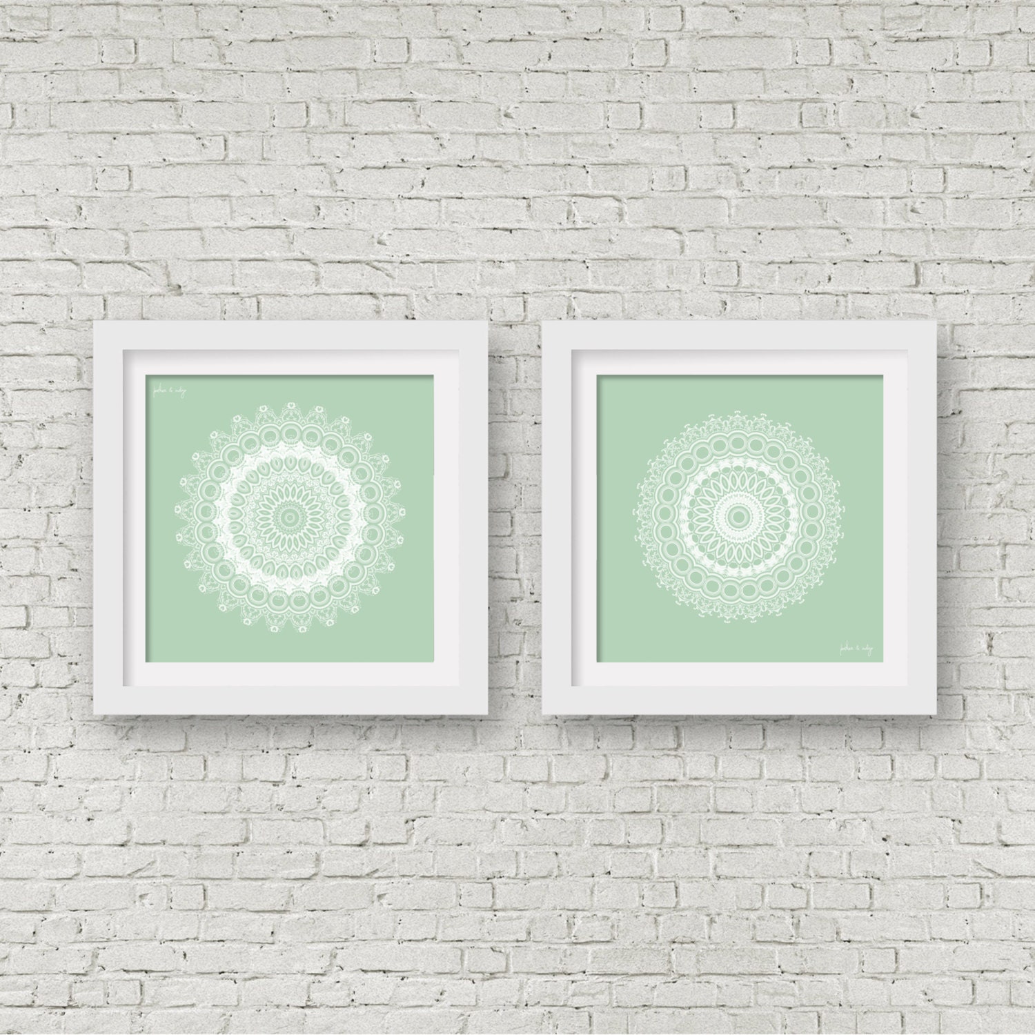 Mint green wall art set of 2 posters white mandala print set Etsy
