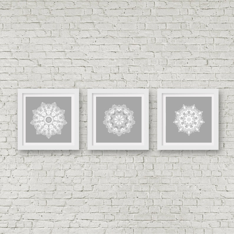 Grey Mandala Wall Art Set of 3 Matching Prints White Wall Art Etsy