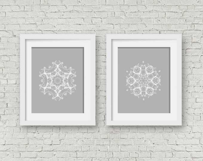 Light Grey Wall Art Set of Two Prints White Mandala Circle Etsy