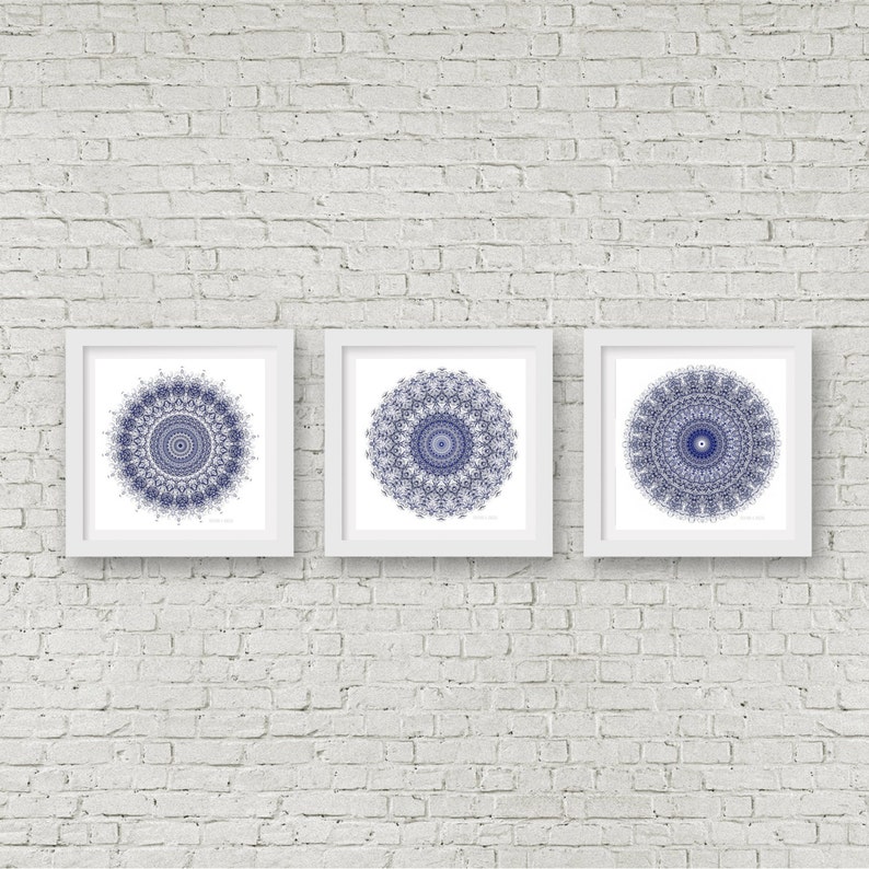 Mandala wall art set of 3 matching prints navy blue wall art Etsy