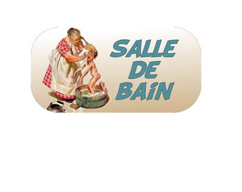 plaque de porte décorative  en bois   autocollante   "salle de bain" style vintage