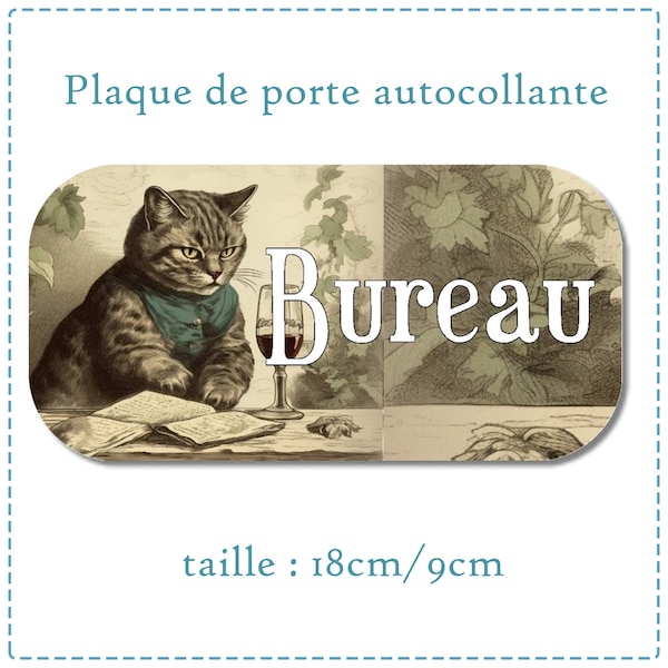 plaque de porte " BUREAU" décor chat vintage