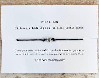 Thank You Wish Card Bracelet Teacher, Nursery, TA, Childminder, Nanny, Key Worker Leaving Gift with custom bracelet option