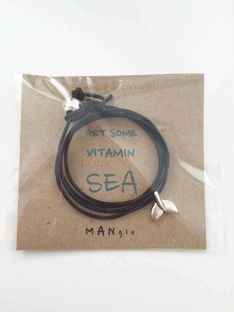 100/% black leather surfer mens or ladies wrap surf bracelet anklet with silver Shark Tail charm with choice card in cellophane