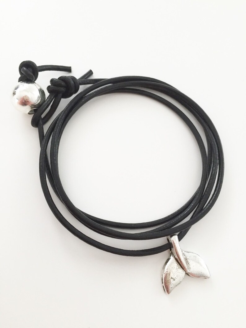 100/% black leather surfer mens or ladies wrap surf bracelet anklet with silver Shark Tail charm with choice card in cellophane