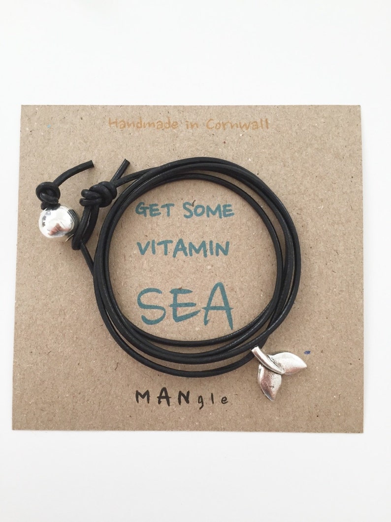 100/% black leather surfer mens or ladies wrap surf bracelet anklet with silver Shark Tail charm with choice card in cellophane