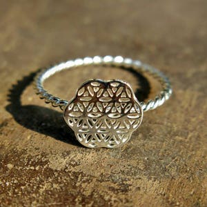 Sterling Silver Flower of Life ring - psytrance stacking ring, petite stackable ring, minimal midi ring, etno chic, boho, sacred g, mandala