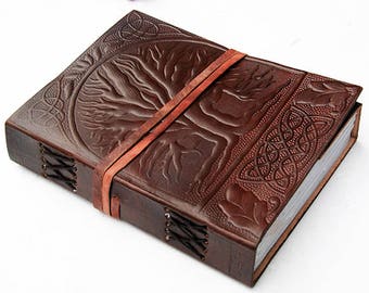 Tree of life handmade leather  journal diary/notebook with embossed design and handmade recycled paper , 7"x 5"