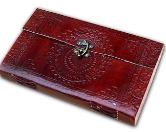Handmade leather journal diary/notebook/with embossed design and handmade recycled paper, 9"x5"