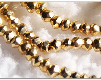 Pyrite gold , faceted rondelle gemstone 3 mm beads strand, 13.5"