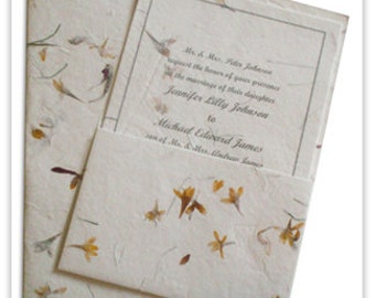Handmade floral paper off-white with sandwiched flowers invitation set