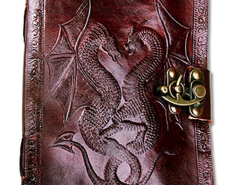 Diario/cuaderno de cuero Twin Dragons, hecho a mano, con diseño en relieve y papel reciclado artesanal, 20 x 15 cm.