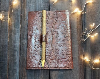 Leather Cover Journal with Handcrafted Wooden Pencil with Recycled Handmade Paper, 7"x 5"