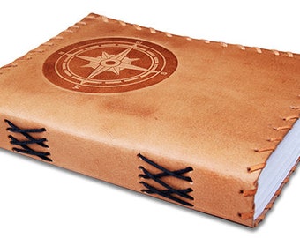 Handmade Compass leather  journal diary/notebook with embossed design and handmade recycled paper, 8"x6"