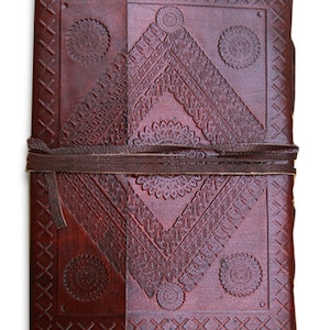 Handmade leather bound journal diary/notebook/sketchbook with embossed design and handmade paper , 7"x 5"