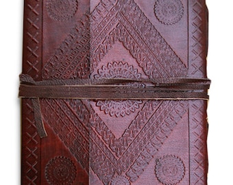 Handmade leather bound journal diary/notebook/sketchbook with embossed design and handmade paper , 7"x 5"