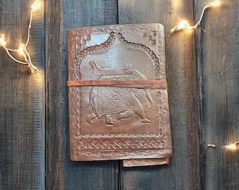 The Royal Elephant Handmade Leather Journal Diary/Notebook/Sketchbook with Embossed Design and Handmade Paper, 7"x 5"