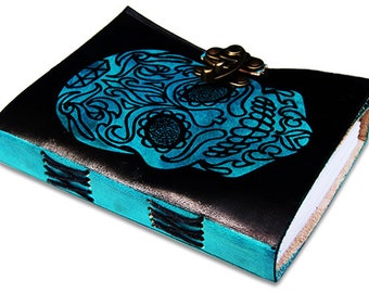 Handmade Teal and black skull embossed leather bound journal diary/notebook/sketchbook with handmade paper, 7"x5"