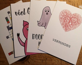 Set, 4 verschiedene Karten, Happy Birthday, Viel Glück, Spaßkarte, Verbunden