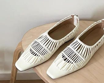 Summer Women's White Tassel Leather Shoe,Women Flat Slip Ons,White Mary Jane Shoe,Fashion Handcrafted Shoe,Closed Toe Hollow Mary Jane Flats