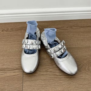 Retro Silver Buttons Women Mary Jane,Silver Flat Shoe,Retro Round Toe T-strap Mary Jane Shoe,Ballet Flat,Handmade Fanshion Leather Mary Jane