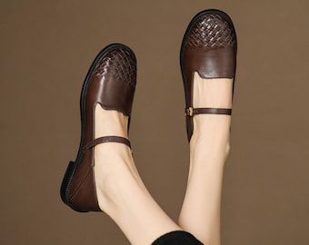 Handmade Brown Mary Janes,Leather Retro Loafers,Brown Vintage Loafers,Leather Ankle Strap Shoe,Personalized Gift,High Quality Mary Jane Flat