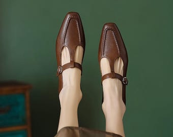 Handgefertigte Frauen Klassische Braun Mary Janes Leder, Büroschuhe, Alltag Frauen Mary Janes, Braune Retro Style Mary Janes, Spitze Geschlossene Toe Schuhe